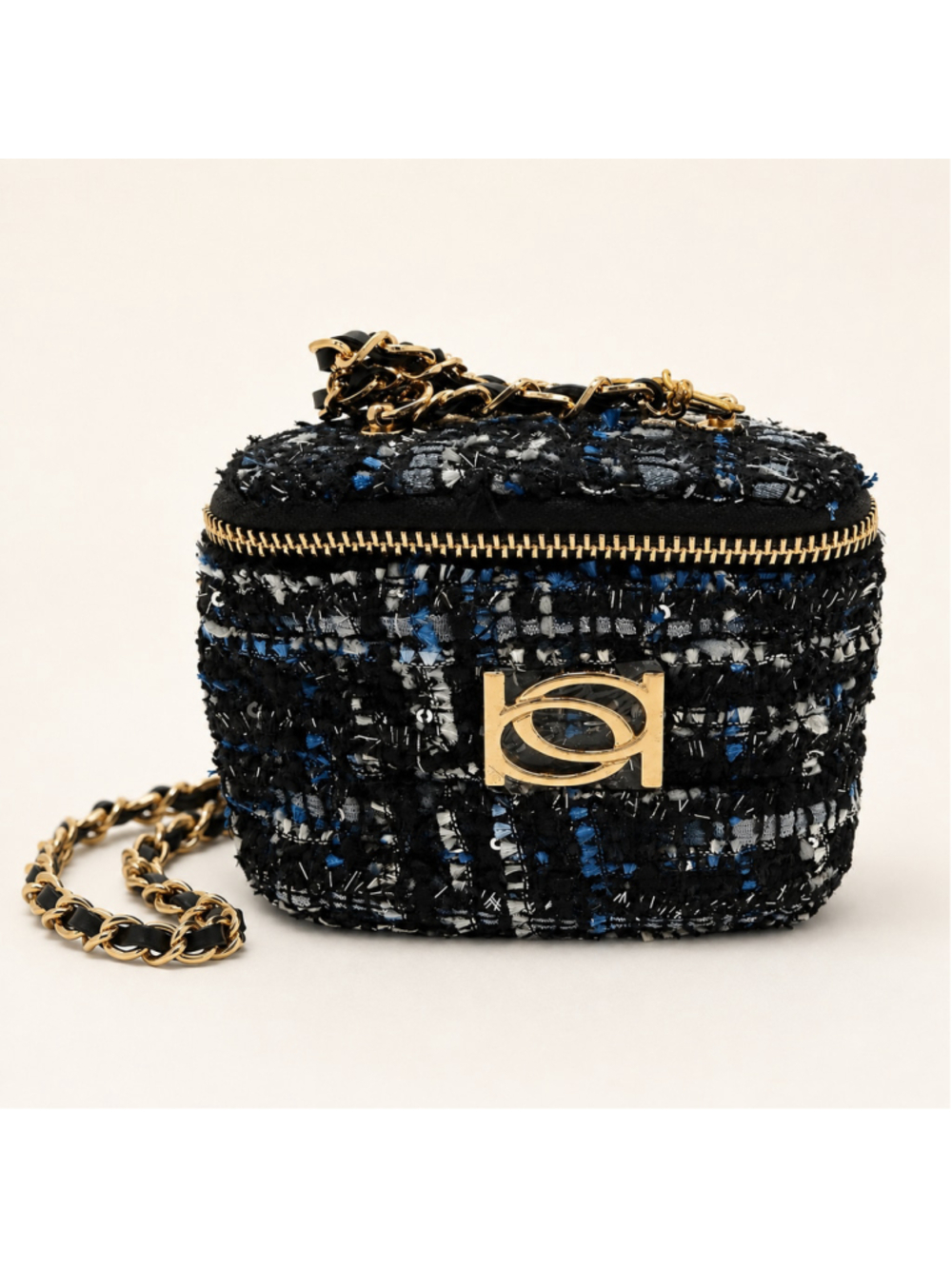 Bebe Kamala Tweed Mini Crossbody Vanity Bag Black Blue NWT